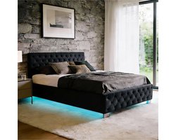 tectake® Gestoffeerd bed met lattenbodem - 120 x 200 cm - Fluweellook Zwart - Twijfelaar - Bedframe met opbergruimte en LED strip - Inclusief afstandsbediening - Eenvoudige montage