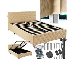 tectake® Gestoffeerd bed met lattenbodem - 140 x 200 cm - Beige - Twijfelaar - Bedframe met opbergruimte en LED strip - Inclusief afstandsbediening - Eenvoudige montage