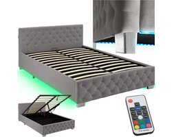 tectake® Gestoffeerd bed met lattenbodem - 140 x 200 cm - Donkergrijs - Twijfelaar - Bedframe met opbergruimte en LED strip - Inclusief afstandsbediening - Eenvoudige montage