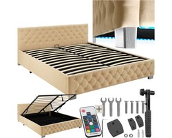 tectake® Gestoffeerd bed met lattenbodem - 180 x 200 cm - Beige - Tweepersoonsbed - Bedframe met opbergruimte en LED strip - Inclusief afstandsbediening - Eenvoudige montage