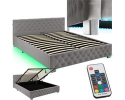 tectake® Gestoffeerd bed met lattenbodem - 180 x 200 cm - Donkergrijs - Tweepersoonsbed - Bedframe met opbergruimte en LED strip - Inclusief afstandsbediening - Eenvoudige montage