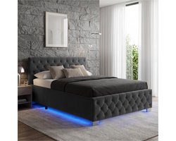 tectake® Gestoffeerd Bed met Matras - Tweepersoons Bed met Opbergruimte en LED-Verlichting - Zwart - 140 x 200 cm - Bedframe met Lattenbodem - Twijfelaar - Knoop Design - Matras met 2 Hardheidsgraden - Complete Bedden Set voor Slaapkamer