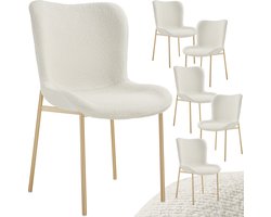 tectake® Gestoffeerde stoel - Eetkamerstoel - Bouclé stof - Ergonomische vorm - Hoge rugleuning - Draagkracht 120 kg - Diverse kleuren - Set van 6 - Wit/goud