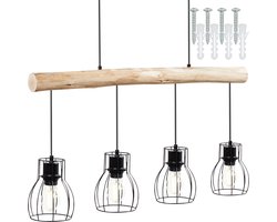 tectake® Hanglamp Woody met Houten Balk - E27 - 40W - Hout Plafondlamp - Industriële Stijl Woonkamerlamp - Eetkamerlamp - Hanglampen voor Woonkamer, Eettafel en Gang