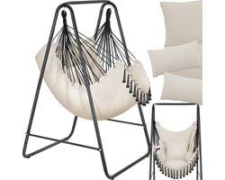 tectake® Hangstoel Boho-stijl met decoratieve kwastjes - Hangmat - Voor binnen & buiten - 160 kg draagkracht - Stalen frame - 85x100x154,5cm - Div. kleuren - Beige