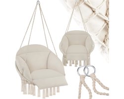 tectake® Hangstoel - Hangende schommel met dikke kussens en kwastjes - Boho hangmand - Schommel stoel met frame voor tuin, balkon en woonkamer - Nestschommel voor binnen en buiten - Tuinstoel - Ø 80 cm - Maximale belasting 160 kg - Beige
