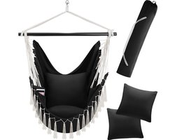 tectake® Hangstoel voor Binnen of Buiten - met Kussen - Zonder Standaard - Weerbestendig - Met Tabletvak en Bekerhouder - Macramé Schommel voor Balkon en Tuin - Hang Stoel - Hangschommel tot 150 kg - Zwart