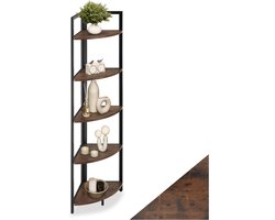 tectake® Hoekkast met 5 Lagen Houten Boekenkast in Industriële Stijl 30 x 30 x 150 cm Staande kast voor Woonkamer Slaapkamer Keuken Kantoor Zwart Metalen Frame (Donkerbruin)
