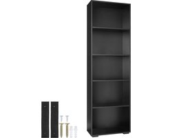 tectake® Houten boekenkast - Staande kast met 5 open vakken - Vloervriendelijke kunststof pootjes - Snelle en eenvoudige montage - Maximale belasting 10 kg per vak - Afmeting (HxBxD) 190 x 60 x 30 cm - Zwart