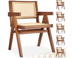 tectake® Houten Stoel Lizzy met Armleuning - Donker Eiken - Set van 6 Eetkamerstoelen met Weens Vlechtwerk - Boho-Stijl Stoel met Rugleuning - Massief Houten Frame - Belastbaarheid 120 kg