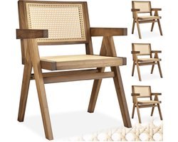tectake® Houten Stoel Lizzy met Armleuning - Licht Eiken - Set van 4 Eetkamerstoelen met Weens Vlechtwerk - Boho-Stijl Stoel met Rugleuning - Massief Houten Frame - Belastbaarheid 120 kg