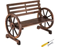 tectake® Houten Tuinbank - Massief Gevlamd Hout - Wagenwiel Ontwerp - 106 x 55 x 78 cm - 2 Personen - Tuinmeubel - Hoge Rugleuning - Buitenbankje - Terrasbank - 320kg Draagkracht - Weerbestendig Buitenmeubel