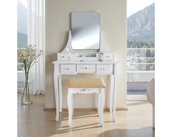 tectake® Kaptafel met Spiegel en Kruk - 5 Laden - Kaptafel met Afneembaar Cosmeticavak - Cosmeticatafel met Gevoerde Kruk - Wit