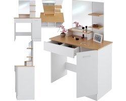 tectake® Kaptafel met spiegel - Kaptafel met 3 planken en zijvak met deur - Make-uptafel met lade - Ideaal voor slaapkamer en tienerkamer - Wit met bruin blad