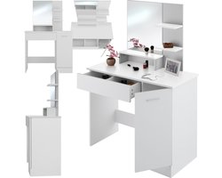 tectake® Kaptafel met spiegel - Kaptafel met 3 planken en zijvak met deur - Make-uptafel met lade - Ideaal voor slaapkamer en tienerkamer - Wit met wit blad