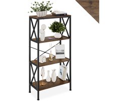 tectake® Kast met 4 Niveaus – Houten Staande Kast met Zijdelingse X-Beugels – 61,5 x 31,5 x 133,5 cm – Industriële Kast voor Woonkamer, Kantoor & Keuken – Zwart Metaal Frame - donkerbruin