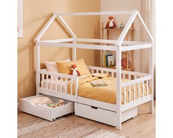 tectake® Kinderbed met Lades - Bedhuisje - Valbeveiliging - Grenenhout - Peuterbed met Opbergruimte - 80 x 160 - Geïnspireerd door Montessori - Lage Instap - Voor Jongens en Meisjes