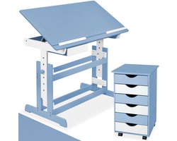 tectake® Kinderbureau met Ladekast - Tekentafel - Kinder Bureau - Kantelbaar en In Hoogte Verstelbaar - Kast met 6 Laden - Blauw