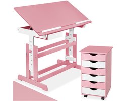 tectake® Kinderbureau met Ladekast - Tekentafel - Kinder Bureau - Kantelbaar en In Hoogte Verstelbaar - Kast met 6 Laden - Roze