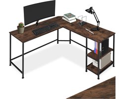 tectake® L-Vormig Bureau - 138 x 138 x 75,5 cm - Hoekbureau met 2 Planken - Vintage Industrieel Design van Hout en Metaal - Zwart Metalen Frame - Draagkracht Bureaublad 200 kg - Voor Thuiskantoor en Gamen - Donkerbruin