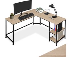 tectake® L-Vormig Bureau - 138 x 138 x 75,5 cm - Hoekbureau met 2 Planken - Vintage Industrieel Design van Hout en Metaal - Zwart Metalen Frame - Draagkracht Bureaublad 200 kg - Voor Thuiskantoor en Gamen - Lichtbruin
