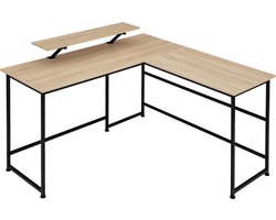 tectake® L-vormig bureau - Computerbureau met verplaatsbaar monitor opzetstuk - Bureautafel van hout en metaal - Industrieel design - Zwart metalen frame - Draagkracht bureaublad 150 kg per plank 50 kg - Afmetingen (LxBxH) 140x130x76,5 - Lichtbruin