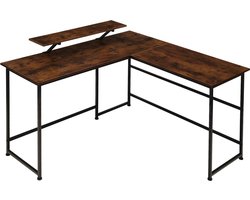 tectake® L-vormig bureau - Computerbureau met verplaatsbaar monitor opzetstuk - Bureautafel van hout en metaal - Industrieel design - Zwart metalen frame - Draagkracht bureaublad 150 kg per plank 50 kg - Afmetingen (LxBxH) 140x130x76,5 - Donkerbruin
