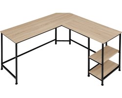 tectake® L-vormig bureau - Hoekureau - Computerbureau met 2 planken - Bureautafel van hout en metaal - Industrieel design - Zwart metalen frame - Draagkracht bureaublad 150 kg per plank 50 kg - Afmetingen (LxBxH) 138 x 138 x 75,5 cm - Lichtbruin