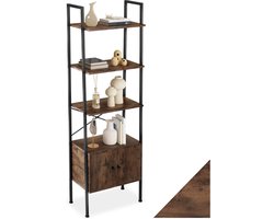 tectake® Ladderrek met 4 Niveaus en Kast - Industrieel Design - Staande kast voor Woonkamer - Kantoor - Boekenrek - Wandrek - Opbergrek - Metalen Frame - (Industrieel Donkerbruin - 57,5 x 34 x 173 cm)