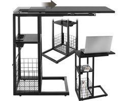 tectake® Laptoptafel met laadstation - Incl. stekkerdoos – C-Vormige computertafel - Bijzettafel - Nachtkastje - Met krantenstandaard en extra plankje - Zwart