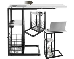tectake® Laptoptafel met laadstation - Incl. stekkerdoos – C-Vormige computertafel - Bijzettafel - Nachtkastje - Met krantenstandaard en extra plankje - Wit