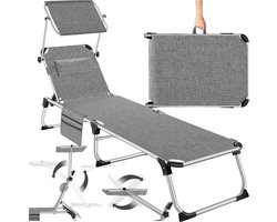 tectake® Ligbed Aurelie met zonneluifel en hoofdkussen - Ligstoel - Zonnebed - Opklapbare balkonligstoel van aluminium - Weerbestendige tuinligstoel voor tuin, balkon, camping en strand - Verstelbare rugleuning met kussen - Grijs