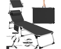 tectake® Ligbed Aurelie met zonneluifel en hoofdkussen - Ligstoel - Zonnebed - Opklapbare balkonligstoel van aluminium - Weerbestendige tuinligstoel voor tuin, balkon, camping en strand - Verstelbare rugleuning met kussen - Zwart