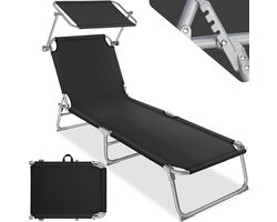 tectake®- ligbed ligstoel met zonwering, opklapbare tuinligstoel, balkon- of terrasligstoel met verstelbare rugleuning, strandligstoel met zonnekap, belastbaar tot 110 kg - zwart