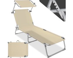 tectake® ligbed ligstoel met zonwering, opklapbare tuinligstoel, balkon- of terrasligstoel met verstelbare rugleuning, strandligstoel met zonnekap, belastbaar tot 110 kg - beige