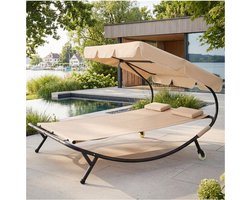 tectake® Ligbed Livorno - 2 personen - Zonnebed - Ligstoel - Met Traploos Verstelbaar Zonnescherm - Weerbestendig XL-Ligbed - Met Wieltjes en 2 Hoofdkussens - Voor Binnen en Buiten - Beige