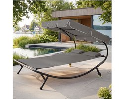 tectake® Ligbed Livorno - 2 personen - Zonnebed - Ligstoel - Met Traploos Verstelbaar Zonnescherm - Weerbestendig XL-Ligbed - Met Wieltjes en 2 Hoofdkussens - Voor Binnen en Buiten - Grijs