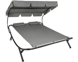 tectake® Ligbed Livorno - 2 personen - Zonnebed - Ligstoel - Met Traploos Verstelbaar Zonnescherm - Weerbestendig XL-Ligbed - Met Wieltjes en 2 Hoofdkussens - Voor Binnen en Buiten - Grijs