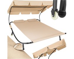 tectake® - Ligbed Livorno voor 2 personen - Zonnebed Ligstoel - Met zonnedak - XL-ligbed - Met wieltjes en hoofdkussens - beige