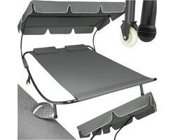 tectake® - Ligbed Livorno voor 2 personen - Zonnebed Ligstoel - Met zonnedak - XL-ligbed - Met wieltjes en hoofdkussens - grijs