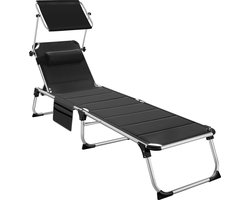 tectake® Ligbed Lorella met zonneluifel - Ligstoel - Zonnebed gestoffeerd - Inklapbaar - Voor in de tuin of op balkon - Met zijvak - Afmetingen (BxDxH) 220 x 60,5 x 34 cm - Zwart