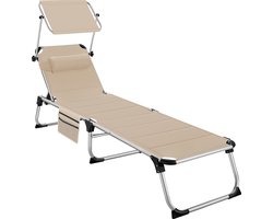 tectake® Ligbed Lorella met zonneluifel - Ligstoel - Zonnebed gestoffeerd - Inklapbaar - Voor in de tuin of op balkon - Met zijvak - Afmetingen (BxDxH) 220 x 60,5 x 34 cm - Beige
