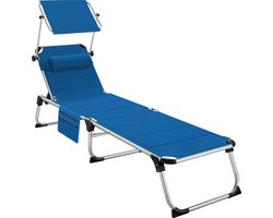 tectake® Ligbed Lorella met zonneluifel - Ligstoel - Zonnebed gestoffeerd - Inklapbaar - Voor in de tuin of op balkon - Met zijvak - Afmetingen (BxDxH) 220 x 60,5 x 34 cm - Blauw