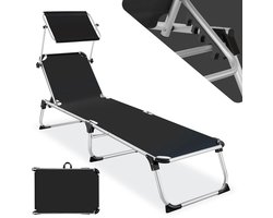 tectake® Ligbed met Dak | Balkonligstoel van Aluminium | Opklapbare Tuinligstoel, Weerbestendig | Ligstoel voor Tuin, Camping en Strand met Verstelbare Rugleuning en 2 Handgrepen - Zwart