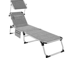 tectake® Ligbed met Zonnedak – Inklapbare Ligstoel met 6 Verstelbare Standen – Zonnebed met Hoofdkussen en Zijvak – Aluminium Frame – Draagvermogen 120 kg – Grijs