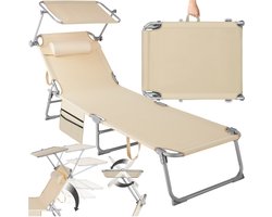 tectake® Ligbed met Zonnescherm - Zonnestoel - Ligstoel - 4 standen- Inklapbaar- Beige - 68 x 190 - Met Zijvak en Hoofdkussen