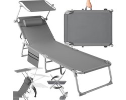 tectake® Ligbed met Zonnescherm - Zonnestoel - Ligstoel - 4 standen- Inklapbaar- Grijs - 68 x 190 - Met Zijvak en Hoofdkussen