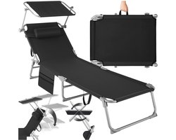 tectake® Ligbed met Zonnescherm - Zonnestoel - Ligstoel - 4 standen- Inklapbaar- Zwart - 68 x 190 - Met Zijvak en Hoofdkussen