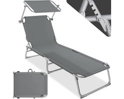 tectake®- Ligbed - Zonnebed 4-standen rugleuning - Incl. zonnedakje - Opvouwbaar en draagbaar, met handgreep - grijs