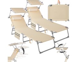 tectake® Ligbedden met Zonnescherm - Set van 2 Zonnebedden - 4 standen - Inklapbaar - Met Handgreep, Zijvak en Hoofdkussen - Beige